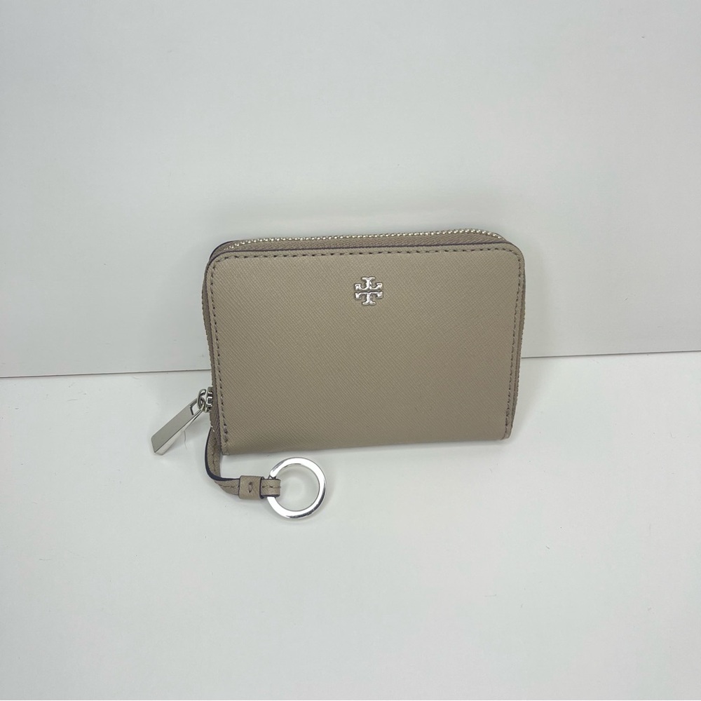 Tory Burch Taupe Gray Zip Around Mini Wallet Coin Card Purse Logo Quiet Luxury